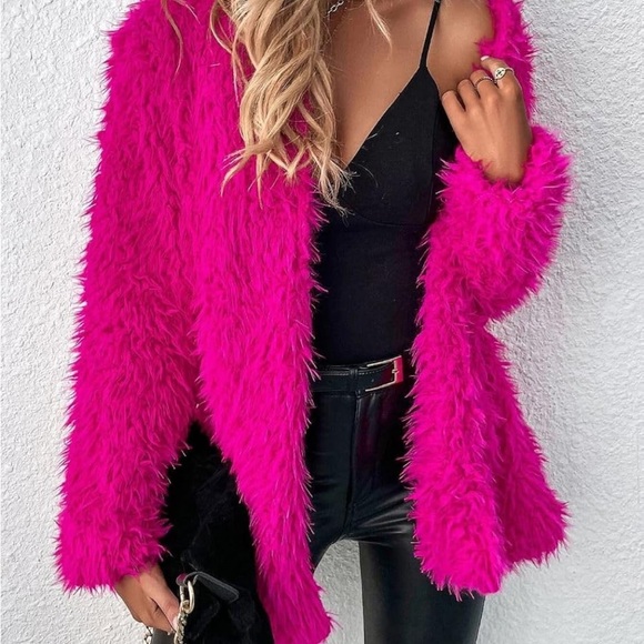 Vibrant Pink Faux Fur Jacket shaggy women - Picture 1 of 5